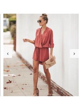 VICI Crossover Wrap Shirt Dress Blush Rust Long Sleeve Tie Waist Mini Small